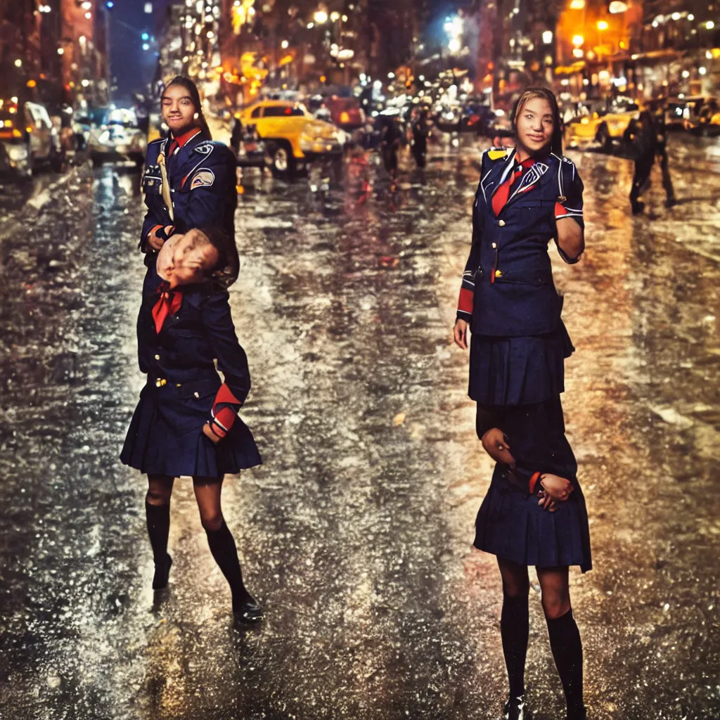 Image similar to night flash portrait photography of a high school girl in uniform on the lower east side by annie leibovitz, colorful, nighttime!, raining!