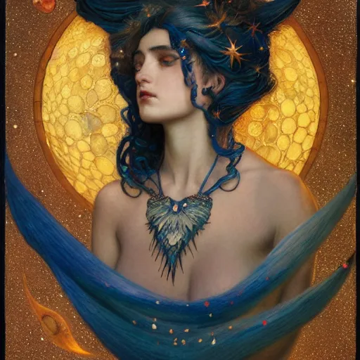 Prompt: queen of the moon with stars in her hair, by tino rodriguez and annie swynnerton and nicholas roerich and jean delville and donato giancola and tom bagshaw and evelyn demorgan, dramatic lighting, floral tattoos, rich colors, smooth sharp focus, extremely detailed, adolf wolfli