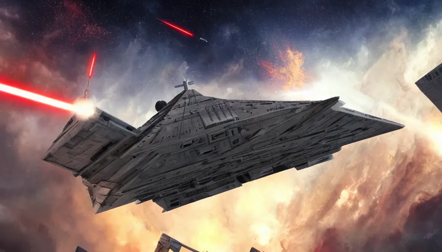 Image similar to Movie scene of Star Wars's Star Destroyers exploding in the sky, hyperdetailed, artstation, cgsociety, 8k