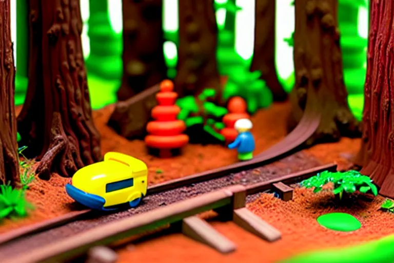 Image similar to fisher price redwood forest, california scene from tv show hyper detailed 5 5 mm 8 5 mm, toy photography, made out of plastic