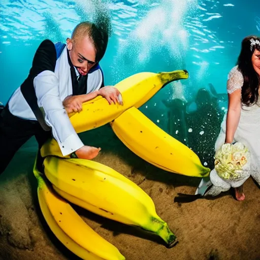 Image similar to underwater wedding reception gets destroyed by spaceship shaped as a banana