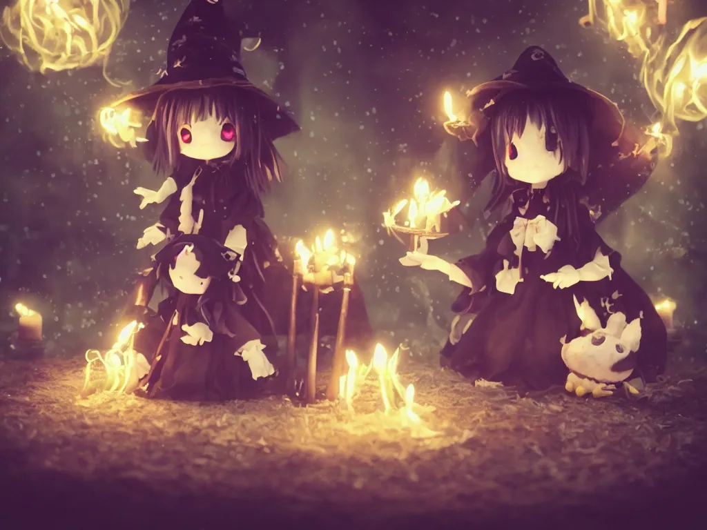 Prompt: cute fumo plush anime girl goth witch ghostly ethereal performing a dark ritual, altar lit by glowing candles, hearts < 3, wisps vortices of fiery smoke potion, grainy and fine detailed, bokeh f / 2. 5, polaroid technicolor, vray, artstation