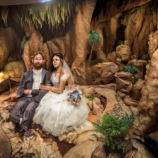Prompt: caveman in a suite getting married in real life, intricate, highly detailed, detailed, hyper realistic, 4 k, 8 k uhd, realistic, great detail