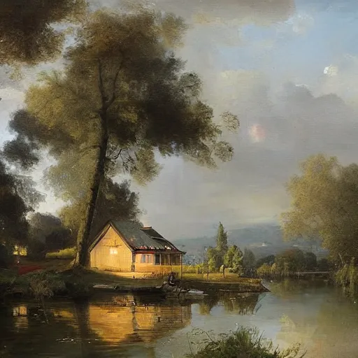 Prompt: a house by the lake painted by geoffroy thoorens