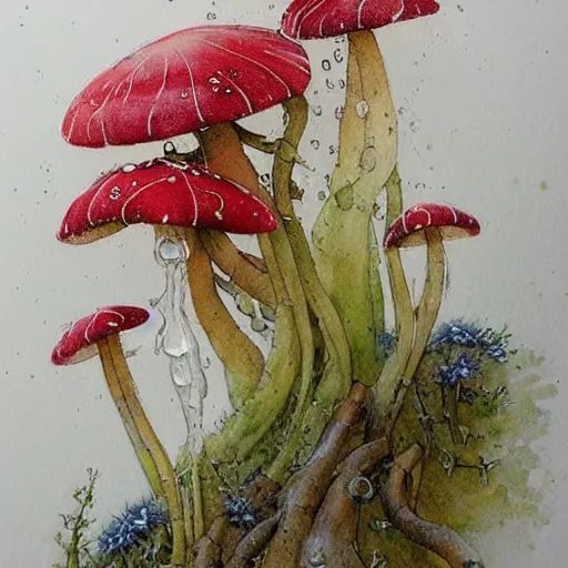 Prompt: jean - baptiste monge water color on white paper watercolor sketch of vines, moss, flowers, mushrooms hard edges, pencil lines, drips, runs, spatter, details. red chrome. jean - baptiste monge!!!!!