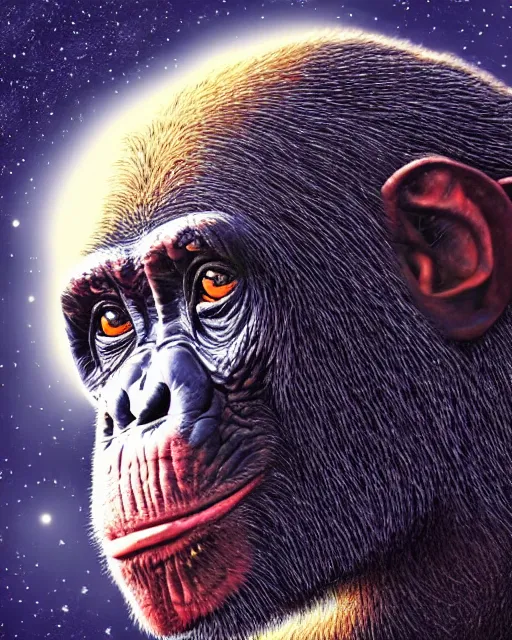 Prompt: very detailed high resolution illustration portrait of a chimpanzee head floating in space, backlit, night covered in stars, 3 d, 8 k, extremely detailed, artstation, furaffinity award winning