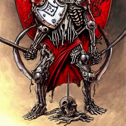 Image similar to skeleton holding a medieval shield and spear, d & d, surrounded by red evil death tentacles, hyper detailed, hyper realistic, dark atmosphere, full body, full frame, art by frank frazetta