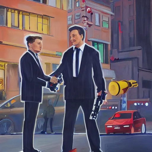 Image similar to a beautiful complex painting of a robot pointing a gun at elon musk the background is the street of new york
