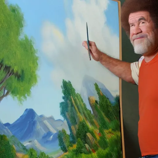 Image similar to a closeup photorealistic photograph of bob ross working on a canvas painting of fred flintstone. film still. brightly lit scene. mountains and trees. this 4 k hd image is trending on artstation, featured on behance, well - rendered, extra crisp, features intricate detail, epic composition and the style of unreal engine.
