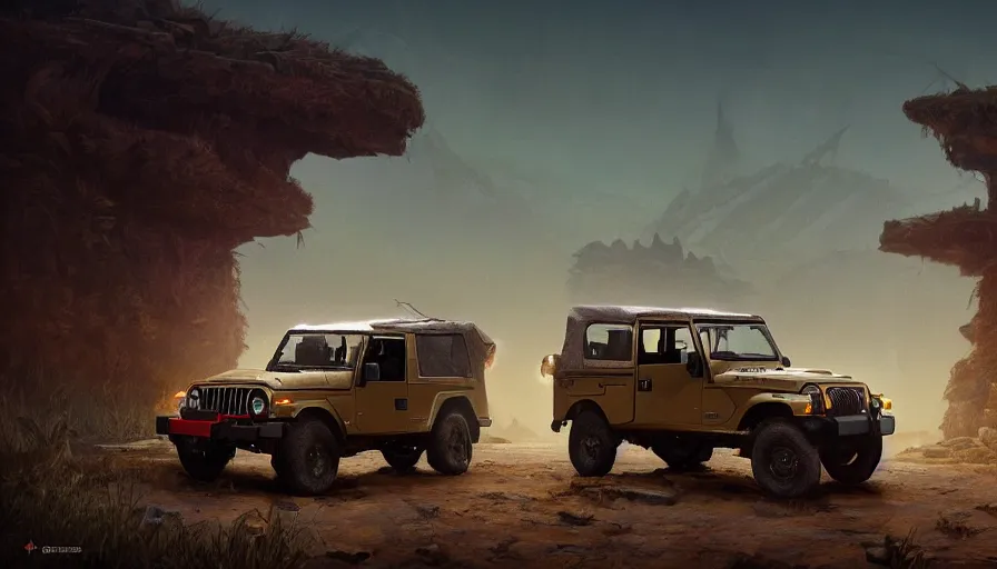 Image similar to Mahindra thar, tribe members watching nearby, an epic fantasy, dramatic lighting, cinematic, establishing shot, extremely high detail, photorealistic, cinematic lighting, artstation, by simon stalenhag, shadow of the tomb rider