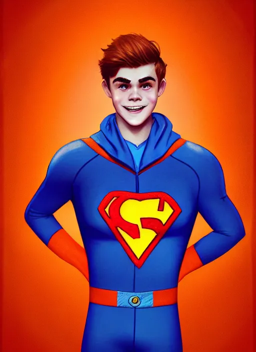 Image similar to friendly teenage archie andrews wearing an orange superhero costume with heart logo, heart, freckles, blue cape, heart emblem on chest, blue cape, intricate, elegant, glowing lights, highly detailed, digital painting, artstation, sharp focus, illustration, art by wlop, mars ravelo and greg rutkowski