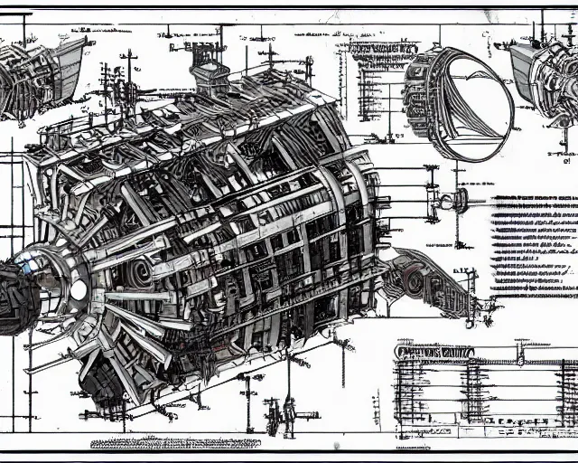 Image similar to a full page of a mechanical blueprint showing a simple cutaway design for a small mechanized wolf from howl's moving castle ( 2 0 0 4 ), with a pilot inside, muted colors, post grunge, studio ghibli, hq