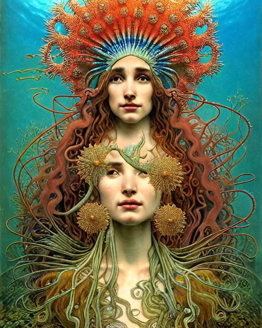 Image similar to realistic detailed underwater portrait of the beutiful young goddess of the fish of the three times with an intricate headdress of corals, sea kelp, sea plants, fish, jellyfish, art by ernst haeckel, zdzisław beksinski, h. r. giger, alphonse mucha, gothic, neo - gothic, ornamental,