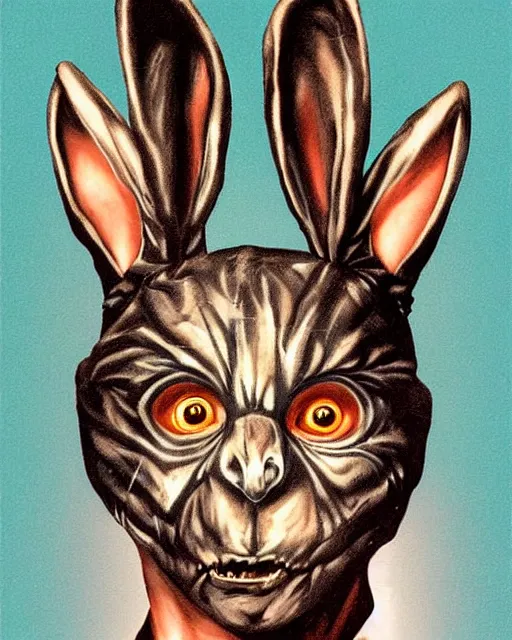 Image similar to frank halloween rabbit mask in donnie darko, airbrush, drew struzan illustration art, key art, movie poster