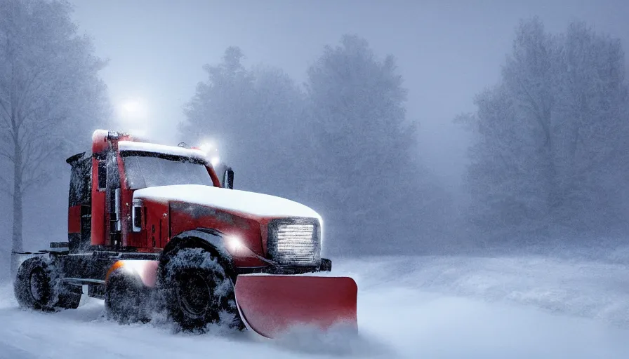 Image similar to A cozy Snowplow! clearing a beautiful snowy landscape. A blizzard and heavy snow falls. Fog and mist, highly detailed, concept art, digital art, 4k, high snow