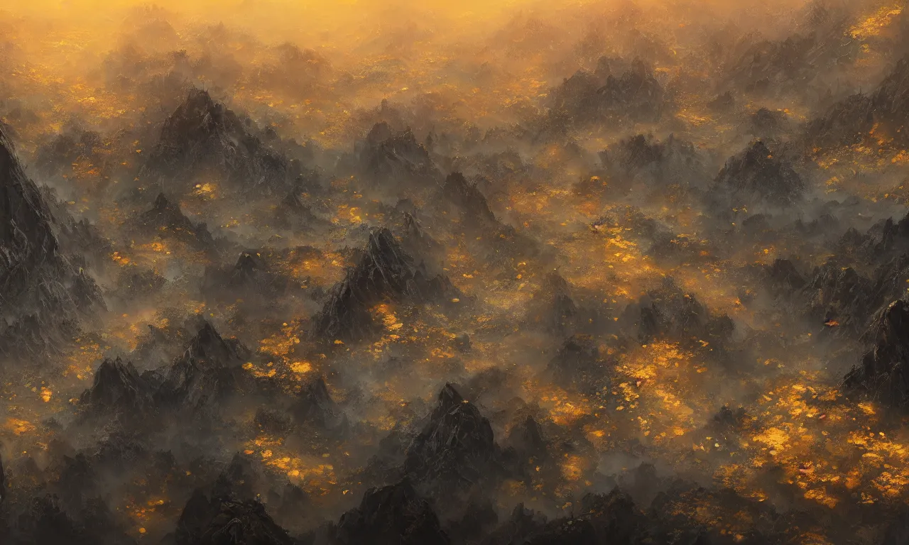 Image similar to breathtaking detailed digital painting of an aerial view of luxurious nature, mountains rocks at dawn with intricate ribbons and golden petals flying, with moody dark tumultuous clouds, by dao trong le, artstation, concept art, matte, 8 k,