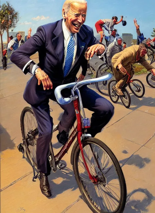 Image similar to joe biden falling from his bicycle, pulp art oil painting by mort kunstler and wilson mclean, intricate, hyper detailed, 4 k, hd, award winning, photorealistic