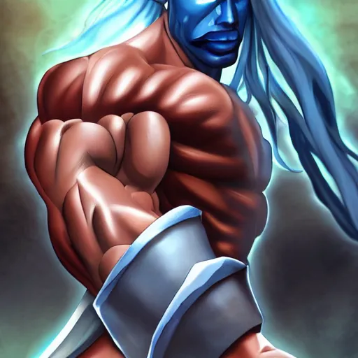 Prompt: blue skinned muscular man, swords in hands, 4 hands, HD, anime,