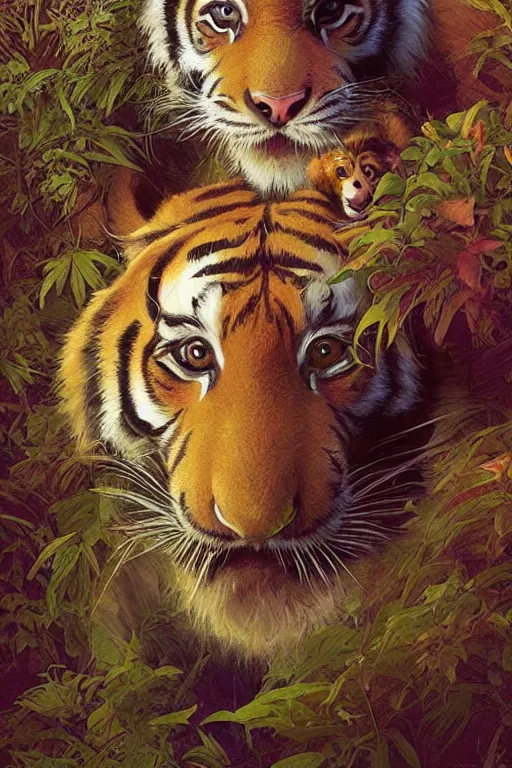 Image similar to beautiful cottagecore tiger puppy holding a little monkey, psychedelic Hair, magical forest, intricate, elegant, highly detailed, digital painting, artstation, concept art, smooth, sharp, focus, illustration, art by artgerm and greg rutkowski and alphonse mucha