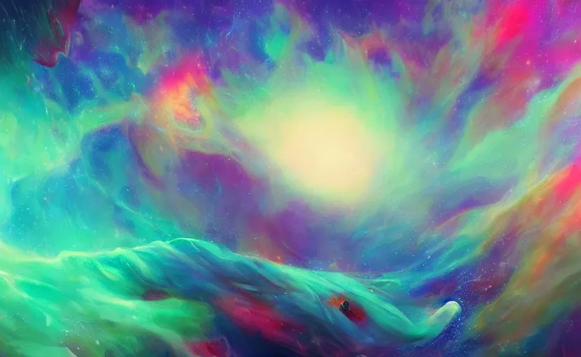 Image similar to In my dream, I was floating through a nebula of swirling colors. I could see strange, otherworldly creatures swimming through the mist, their eyes glowing with an inner light. It was a beautiful and eerie sight, and I felt both fascinated and terrified at the same time. trending on artstation