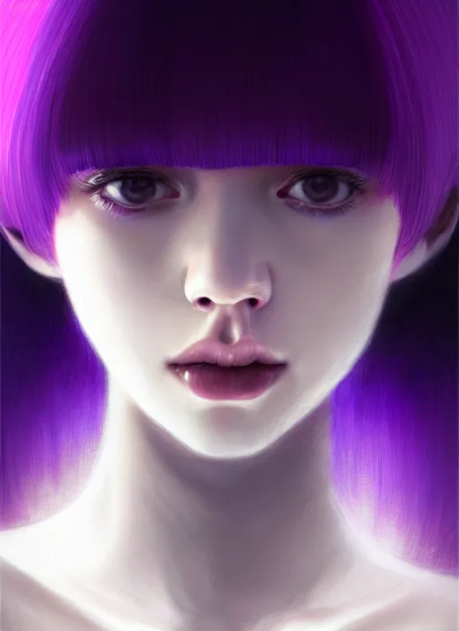 Image similar to hair whitebangs hair, black hair, whitebangs, portrait of teenage girl with white bangs, red irises, purple clothes, white bangs, bangs are different color from hair, intricate, elegant, glowing lights, highly detailed, digital painting, artstation, concept art, smooth, sharp focus, illustration, art by wlop, mars ravelo and greg rutkowski