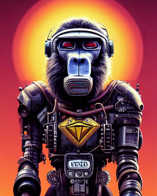 Prompt: a portrait of an anthropomorphic cyberpunk baboon in a crash helmet by sandra chevrier, detailed render, tape deck, epic composition, cybernetics, 4 k realistic, cryengine, realistic shaded lighting, sharp focus, masterpiece, by matteo scalera, gary montalbano, peter elson in the style of the tokyo ghost comic