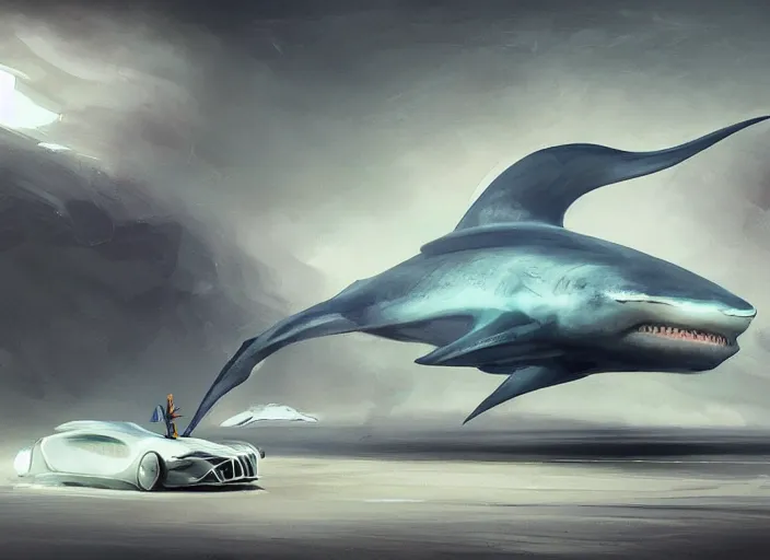 Image similar to beautiful concept design of a car that looks almost like a fish, a shark or a whale. car design by cory loftis, fenghua zhong, ryohei hase, ismail inceoglu, ruan jia, henrik fisker, bruce kaiser, scott robertson, dmitry mazurkevich, doruk erdem, and jon sibal. volumetric light