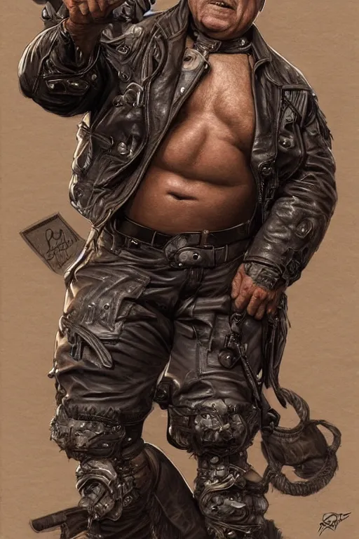 Image similar to muscled Danny Devito as a ruggedly handsome heroine , dressed in biker leather, intricate, elegant, highly detailed, centered, digital painting, artstation, concept art, smooth, sharp focus, illustration, art by artgerm and donato giancola and Joseph Christian Leyendecker, Ross Tran, WLOP