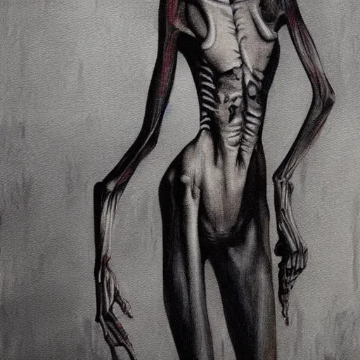 Image similar to death-camp-survivor-super-skinny-emaciated-horribly-skinny-Demon-Haunting painting by Thomas-Montacellinio