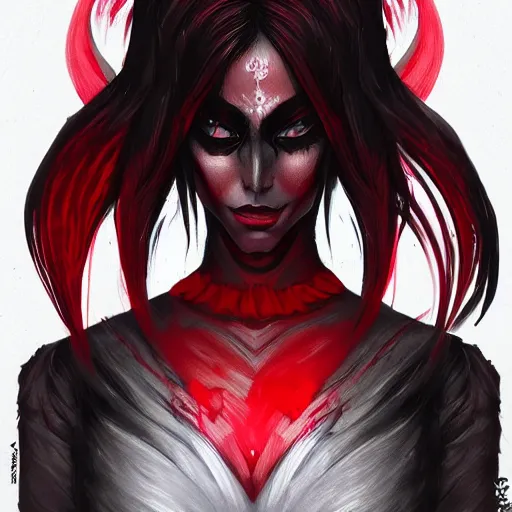 Image similar to dark witch character red and black colors, highly detailed, digital painting, artstation, concept art, smooth, sharp focus, illustration