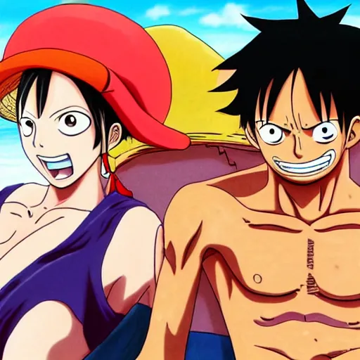 Image similar to luffy from one piece, anime art, pixiv, luffy is on the beach with nami