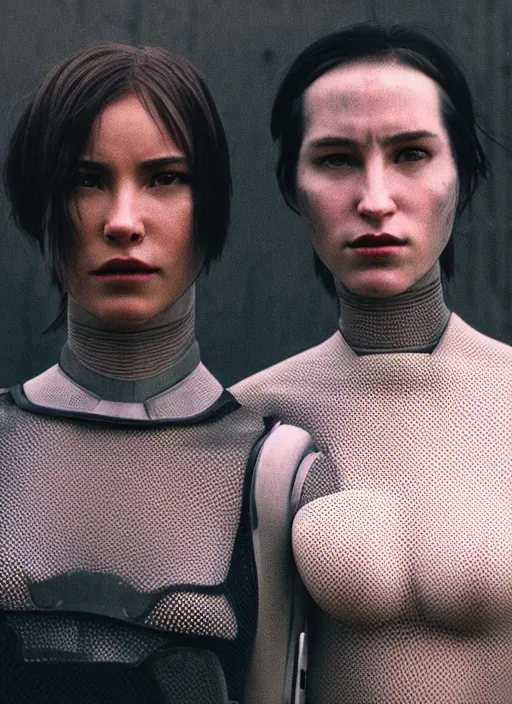 Image similar to cinestill 5 0 d photographic portrait of two loving female androids wearing rugged black mesh techwear in a desolate los angeles, extreme closeup, modern cyberpunk, dust storm, 8 k, hd, high resolution, 3 5 mm, f / 3 2, ultra realistic faces, ex machina