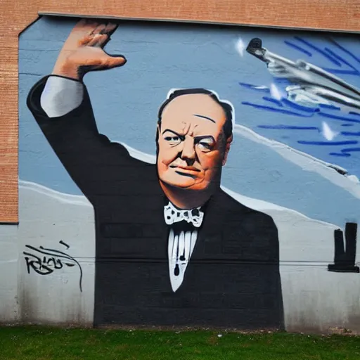 Prompt: Graffiti mural of Winston Churchill surfing