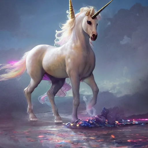 Image similar to a iridescent unicorn is injured, footsteps of blood follows behind it, toxic glowing smog in the sky, ultra realistic, concept art, intricate details, highly detailed, photorealistic, octane render, 8 k, art by artgerm and greg rutkowski and alphonse mucha