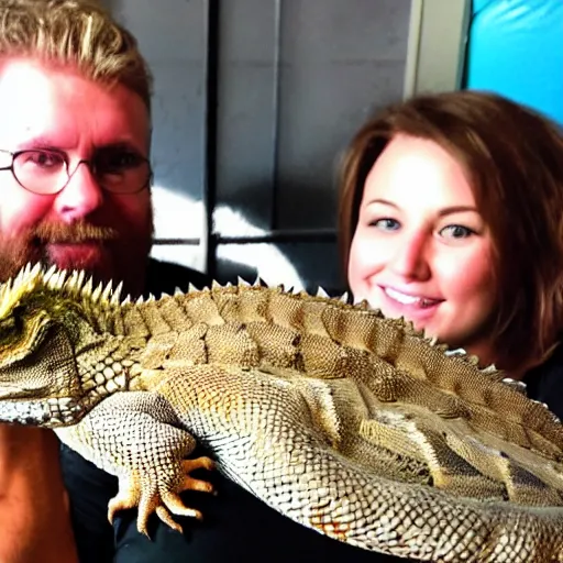 Prompt: a giant bearded dragon hanging out with blonde hair women