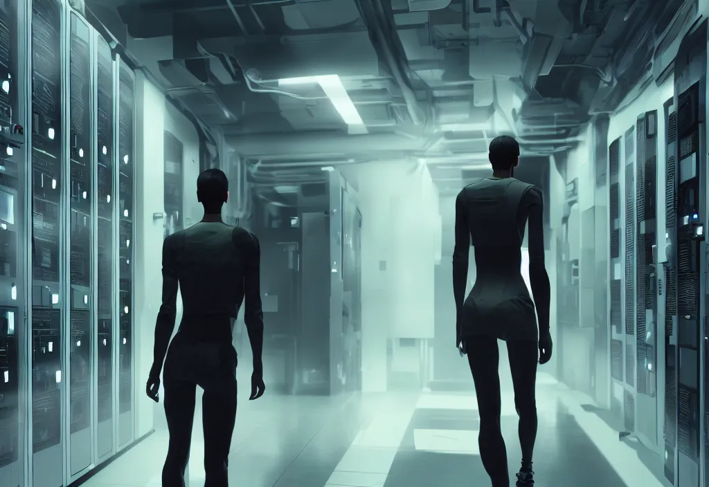 Image similar to by rupert sanders android walking in server room in datacenter, shot by cyberpunk syle, character design, proportional body, whole body, whole figure, very realistic cinematic concept art, complementary color, realistic detailed, sharp lines, trending on artstation, volumetric lighting, octane render