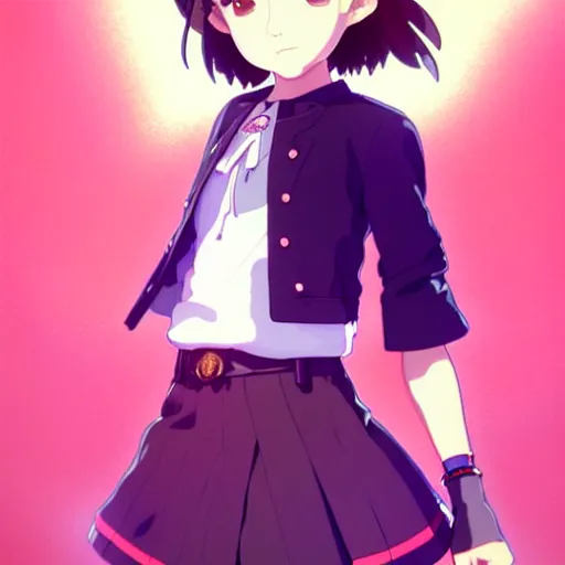 Image similar to a beautiful! boyish! natalie portman model, wearing catholic school girl outfit with mayan pattern and native style, jrpg aztec street fashion, gapmoe yandere grimdark, trending on pixiv fanbox, painted by greg rutkowski makoto shinkai takashi takeuchi studio ghibli, akihiko yoshida