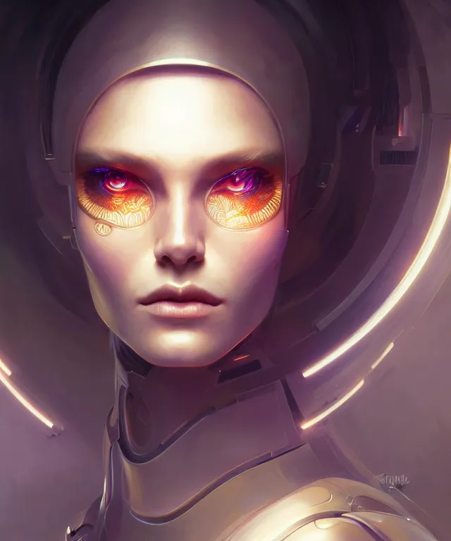 Prompt: futuristic woman android portrait, sci-fi, amber eyes, face, long hair, fantasy, intricate, elegant, highly detailed, digital painting, artstation, concept art, smooth, sharp focus, illustration, art by artgerm and greg rutkowski and alphonse mucha