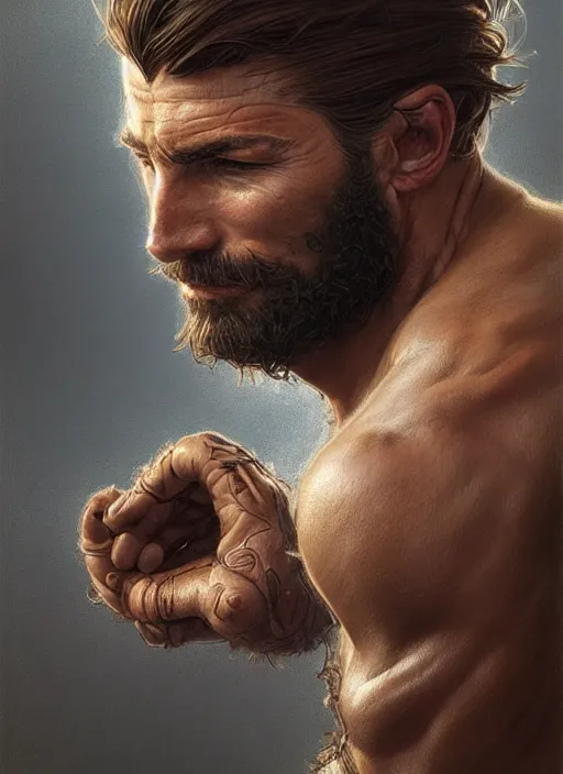 Image similar to portrait of a young ruggedly handsome ranger, muscular, half body, leather, hairy, d & d, fantasy, intricate, elegant, highly detailed, digital painting, artstation, concept art, smooth, sharp focus, illustration, art by artgerm and greg rutkowski and alphonse mucha