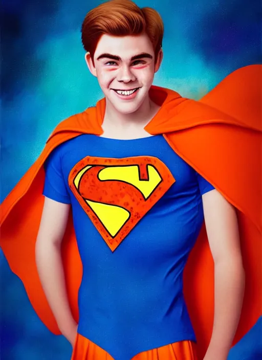 Image similar to friendly teenage archie andrews wearing an orange superhero costume with heart logo, heart, orange costume, blue cape, freckles, cape, heart emblem on chest, heart, blue cape, intricate, elegant, glowing lights, highly detailed, digital painting, artstation, sharp focus, illustration, art by wlop, mars ravelo and greg rutkowski