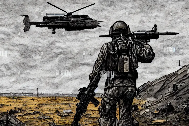 Prompt: war huh what is it good for, photoillustration ink drawing acrylic art digital illustration oil on canvas photorealistic polished sci - fi james gurney filmic stock photo landscape polished photorealistic