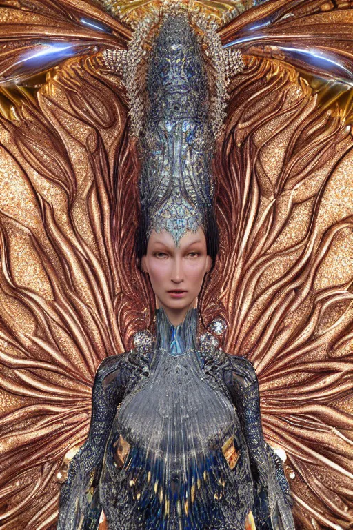 Image similar to a highly detailed metahuman 4 k close up render of an alien goddess bella hadid as shakti in iris van herpen dress schiaparelli in diamonds swarovski and jewelry in style of alphonse mucha gustav klimt trending on artstation made in unreal engine 4