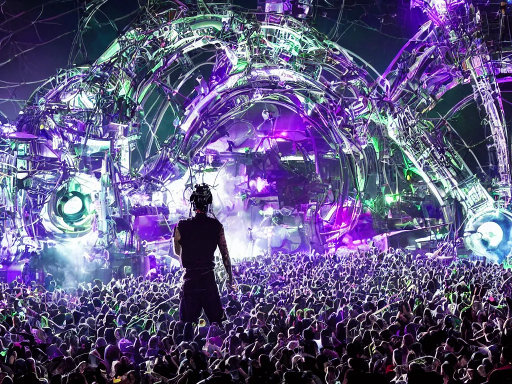 Image similar to a cyborg dj is playing a vast array of highly evolved and complex musical technology on a stage surrounded by an incredible and complex circular robotic structure playing highly evolved music overlooking a crowd at a forest festival lit by fire