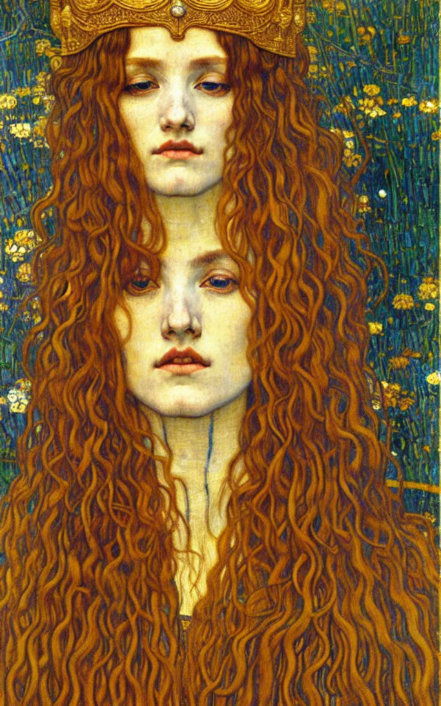 Image similar to detailed realistic beautiful young medieval queen face portrait by jean delville, gustav klimt and vincent van gogh, art nouveau, symbolist, visionary, gothic, pre - raphaelite, muted earthy colors, desaturated