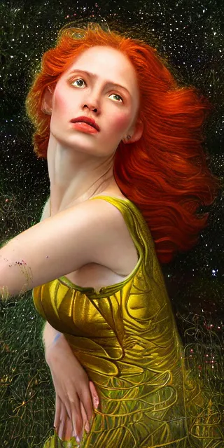 Prompt: young woman surrounded by golden firefly lights in a stunning scene, amidst nature fully covered by a intricate detailed dress, long red hair, precise linework, accurate green eyes, small nose with freckles, smooth oval shape face, empathic, bright smile, expressive emotions, hyper realistic ultrafine art by artemisia gentileschi, jessica rossier, boris vallejo