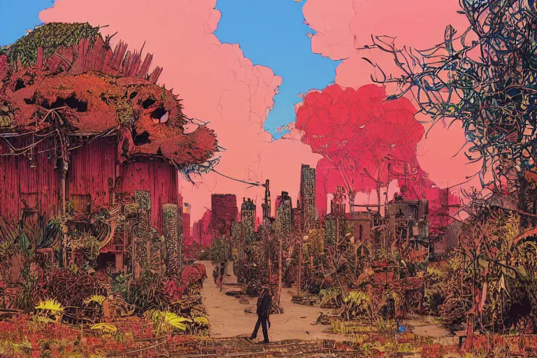 Image similar to on the street of abandoned town 2 people standing huddled together with spiny giant plants bursting through them, surreal, red sky, vivid colors, intricate design, painting by Laurie Greasley, part by Yoji Shinkawa, part by Norman Rockwell