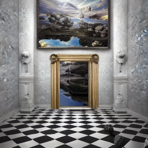 Image similar to hyperrealistic random objects in a surreal dreamscape environment by salvador dali, highly detailed, 3 d render, vray, octane, realistic lighting, photorealistic, colorful, intricate, elegant, wayne barlowe, water, mirrors, doorway, beautiful, masterpiece, trending on artstation, artgerm, black and white checkered floor