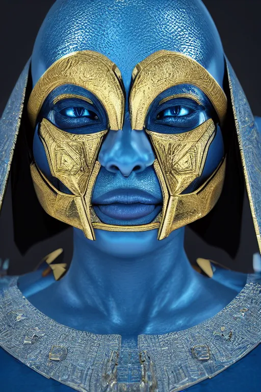 Image similar to symmetric hyper realistic elegant alien portrait, blue metallic skin, jewelry intricate details, unreal engine5, octane, with a gold filigree mask