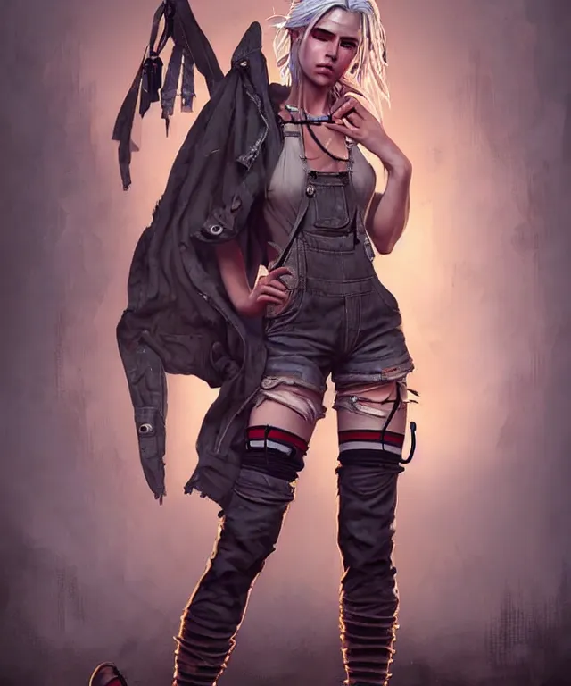 Image similar to full body pose, grungy, dirty ciri, torn overalls, short shorts, combat boots, fishnets, beautiful, highly detailed face, true anatomy!, extremely detailed!, digital painting, unreal engine 5, art by tom bagshaw