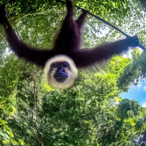 Prompt: gibbon gangling upside down from a hot - air balloon, posing for the camera, fisheye lens